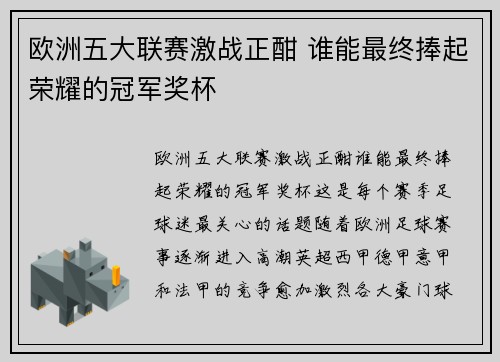 欧洲五大联赛激战正酣 谁能最终捧起荣耀的冠军奖杯