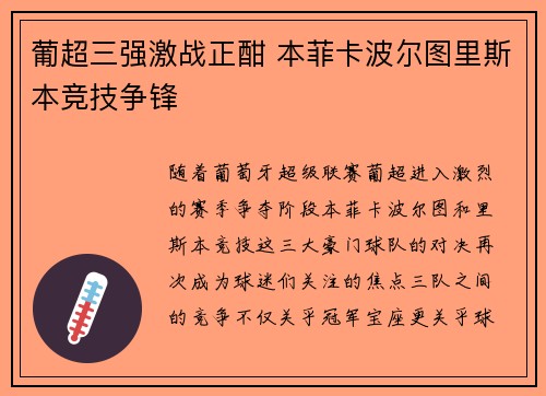 葡超三强激战正酣 本菲卡波尔图里斯本竞技争锋