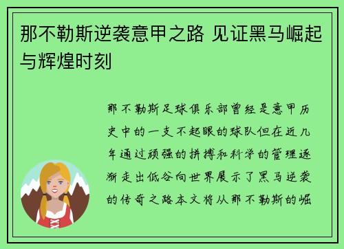 那不勒斯逆袭意甲之路 见证黑马崛起与辉煌时刻
