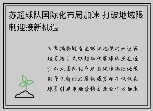 苏超球队国际化布局加速 打破地域限制迎接新机遇